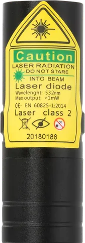 Grüner Laserpointer G2 Pro kompakt – Nahaufnahme des Warnetiketts mit der Laserklasse