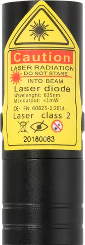 Roter Laserpointer R2 Pro kompakt – Nahaufnahme des Warnetiketts mit der Laserklasse