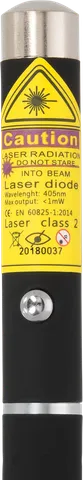 Violetter Laserpointer-Stift Z1 – Nahaufnahme des Warnetiketts mit der Laserklasse