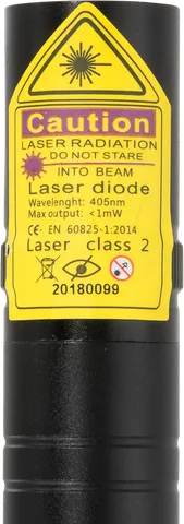 Violetter Laserpointer V2 Pro kompakt – Nahaufnahme des Warnetiketts mit der Laserklasse